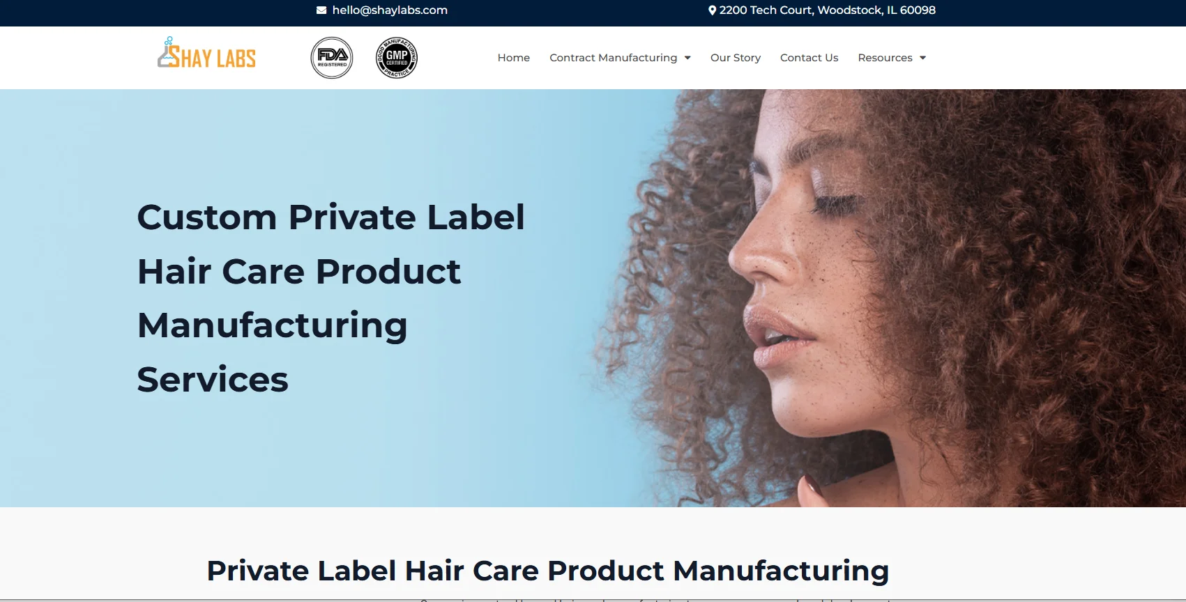 Shay Labs offers custom private label hair care product manufacturing, featuring textured curly hair on the homepage.